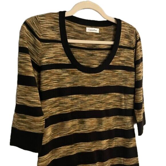 Calvin Klein Knit Brown, Black Striped Fitted 3/4 Sleeve Sweater Dress, M - Picture 2 of 11
